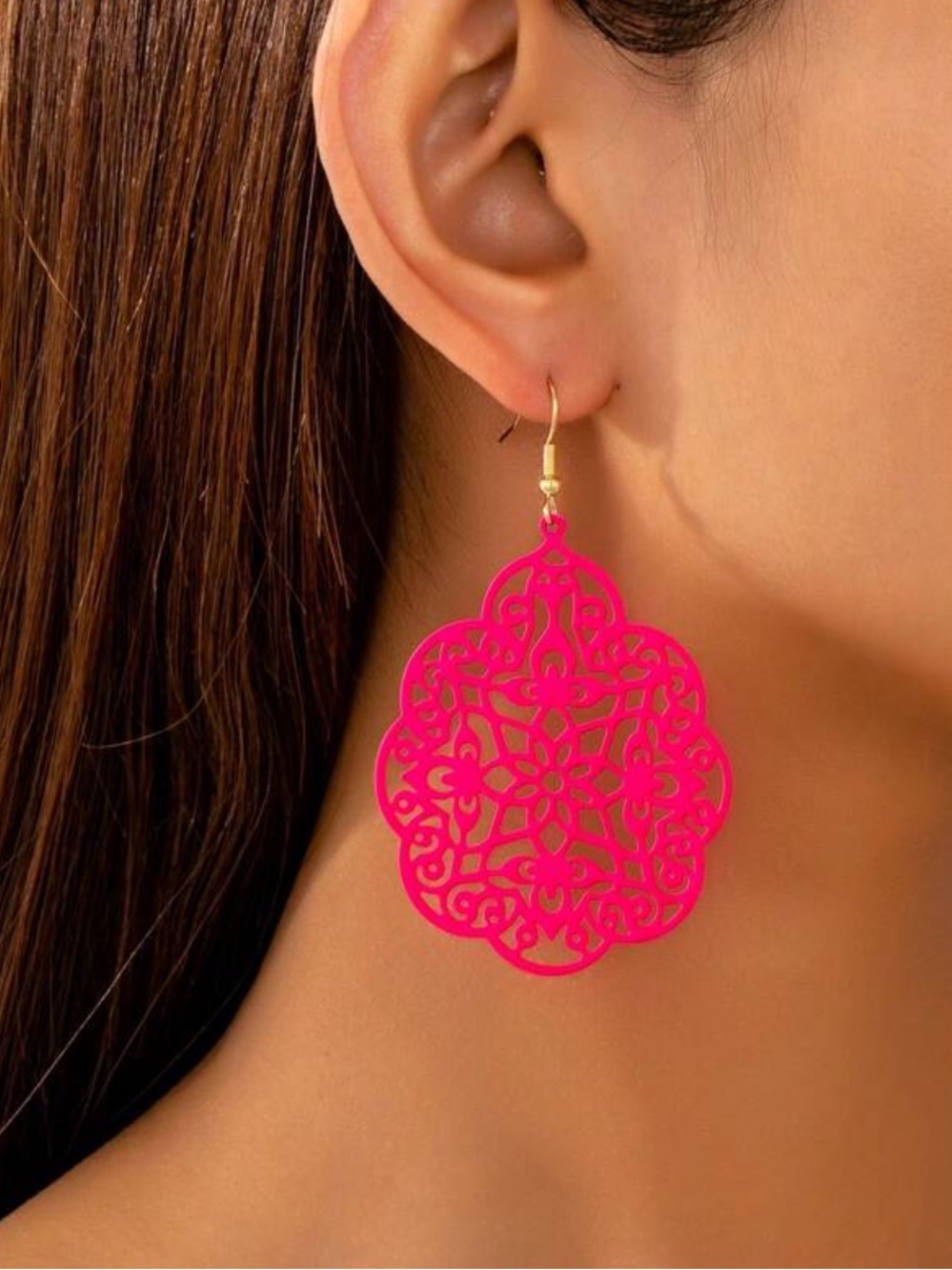 Hot Pink Filigree Drop Earrings - Women's Jewelry